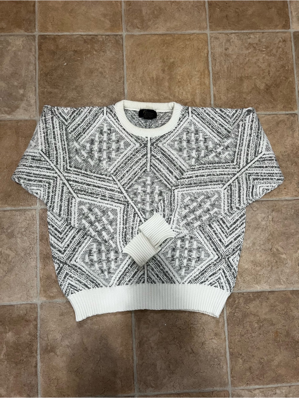 Vintage Private Club Geometric Knit Sweater Black White 90s Patterned Crewneck L